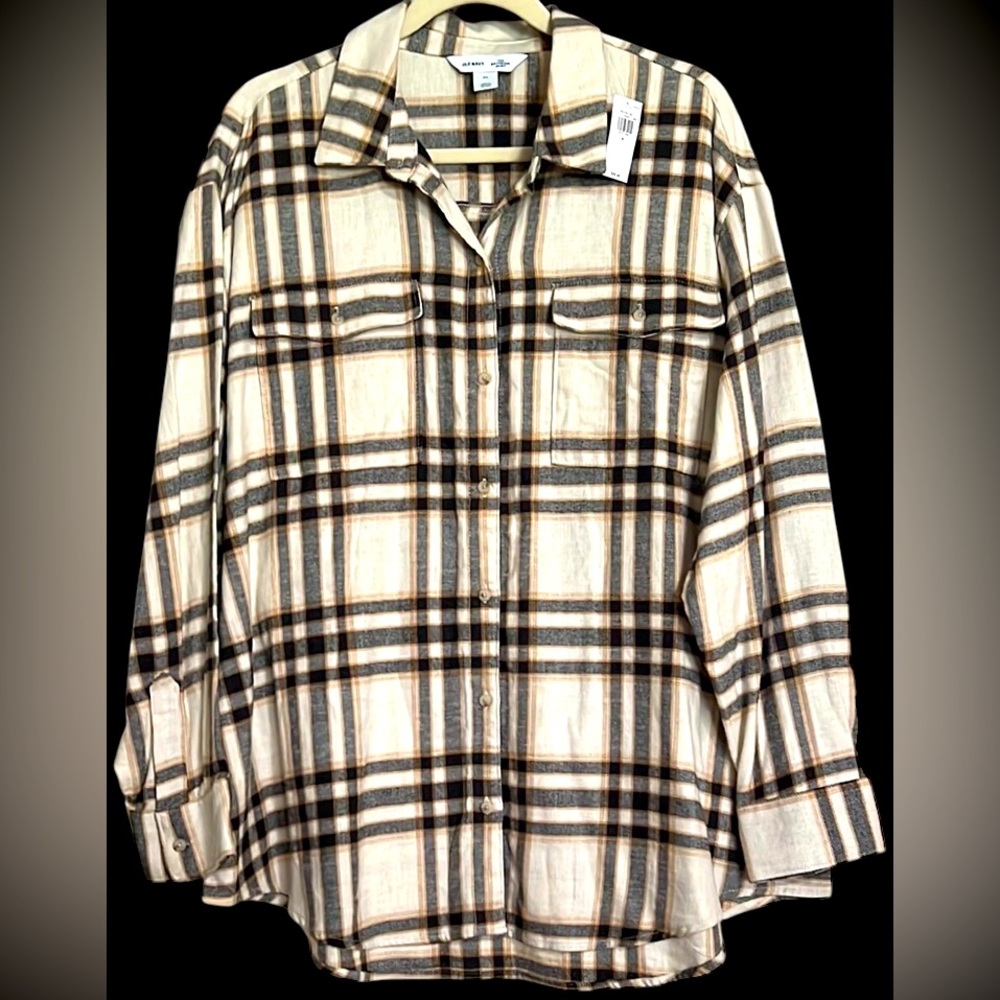 OLD NAVY Cream/Lt Brown/Black Plaid Flannel “Boyfriend Shirt”, size XL, NWT.